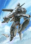  absurdres aircraft airplane arm_shield battroid blue_sky canopy_(aircraft) clenched_hand clouds cloudy_sky commentary_request day fighter_jet finger_on_trigger flying full_body green_eyes gun highres holding holding_gun holding_weapon jet legs_apart machinery macross macross_plus mecha mecha_focus military_vehicle no_humans outdoors painting_(medium) robot roundel science_fiction sky traditional_media u.n._spacy variable_fighter watercolor_(medium) weapon yf-19 youkoumori 