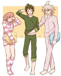  1girl 2boys alternate_costume barefoot danganronpa_(series) danganronpa_2:_goodbye_despair full_body green_pants green_sweater grey_pants grey_shirt highres hinata_hajime holding holding_pillow hood hood_down hoodie komaeda_nagito multiple_boys nanami_chiaki no_hair_ornament pants pillow pink_hoodie pink_shorts shirt shiruchi13 shorts socks standing striped_clothes striped_hoodie striped_shorts striped_socks sweater 