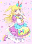  1girl :d animal_ears blonde_hair blue_bow blush bow commentary_request dress frilled_dress frills full_body gloves hair_bow hand_on_own_cheek hand_on_own_face hand_up idol_clothes idol_time_pripara kneeling long_hair looking_at_viewer open_mouth pantyhose pretty_series pripara puffy_short_sleeves puffy_sleeves purple_dress purple_footwear rabbit_ears ringlets shoes short_sleeves smile solo two_side_up unya_(unya-unya) violet_eyes white_gloves white_pantyhose yumekawa_yui 