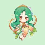  1girl blush chibi chibi_only closed_mouth elincia_ridell_crimea elincia_ridell_crimea_(hoshidan_summer) english_commentary fire_emblem fire_emblem:_radiant_dawn fire_emblem_heroes green_background green_hair hand_fan holding holding_fan japanese_clothes kimono kyousa38 long_hair long_sleeves looking_at_viewer official_alternate_costume orange_eyes orange_kimono smile solo twitter_username wide_sleeves 