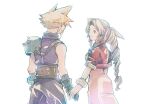  1boy 1girl aerith_gainsborough armor bandaged_arm bandages bangle belt black_gloves blonde_hair blue_pants blue_shirt bracelet braid braided_ponytail breasts brown_belt brown_hair cloud_strife couple cowboy_shot cropped_jacket dress final_fantasy final_fantasy_vii gloves green_eyes hair_ribbon hetero holding_hands jacket jewelry long_dress long_hair looking_at_another medium_breasts michibata_65 pants parted_bangs parted_lips pink_dress pink_ribbon puffy_short_sleeves puffy_sleeves red_jacket ribbon shirt short_hair short_sleeves shoulder_armor sidelocks single_bare_shoulder single_braid single_shoulder_pad sleeveless sleeveless_turtleneck smile spiky_hair suspenders turtleneck wavy_hair white_background 