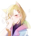  1other animal_ears antenna_hair aqua_coat blonde_hair cat_ears coat fingerless_gloves gloves gnosia hair_between_eyes hair_ornament hairclip looking_at_viewer nekotemari other_focus red_eyes setsu_(gnosia) short_hair simple_background solo translation_request turtleneck 