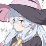  1girl black_robe closed_mouth commentary crossed_bangs elaina_(majo_no_tabitabi) grey_hair hair_between_eyes hat hat_ornament large_hat light_blush long_hair majo_no_tabitabi mochika_(mochika_392) robe simple_background solo translation_request upper_body violet_eyes white_background witch_hat 