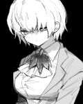  1girl angela_(project_moon) ascot breasts closed_mouth collared_shirt greyscale jacket jihecchi large_breasts library_of_ruina long_sleeves monochrome project_moon shirt short_hair simple_background solo upper_body 