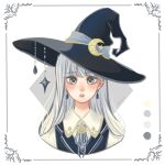  1girl border color_guide commentary crescent earrings english_commentary hat hat_ribbon highres jewelry long_hair looking_at_viewer neck_ribbon original parted_lips pointy_hat ribbon shirt solo straight-on upper_body white_background white_hair white_shirt witch witch_hat yasu_kou 