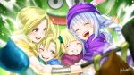  1boy 3girls animal_ears artist_name bianca_(dq5) blonde_hair blue_cape blue_eyes blue_hair blunt_bangs blurry blurry_foreground blush bow bracelet braid cape carrot_hair_ornament cloak closed_eyes commentary_request cosplay dragon_quest dragon_quest_v dress earrings family father_and_daughter father_and_son food-themed_hair_ornament gloves green_bow green_dress hair_bow hair_ornament hammerhood_(dragon_quest) hand_on_another&#039;s_arm happy happy_tears heads_together hero&#039;s_daughter_(dq5) hero&#039;s_son_(dq5) hero_(dq5) hero_(dq5)_(cosplay) hikosan hug jewelry king_cureslime light_particles long_hair looking_at_another mother_and_daughter mother_and_son multicolored_hair multiple_girls one_eye_closed open_mouth orange_cape parted_lips pink_cloak purple_cloak purple_hat rabbit_ears short_hair single_braid slime_(dragon_quest) smile sparkle spiky_hair tears teeth turban twin_braids two-tone_hair upper_body upper_teeth_only usada_pekora white_gloves white_hair 