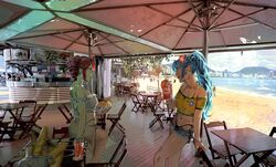  2girls absurdres ahoge baguette bare_shoulders beach beer_can bikini bikini_under_clothes black_bikini blue_eyes blue_hair blue_nails bracelet brazilian_miku bread breasts can chair commentary_request drill_hair drink_can earrings eating food food_on_face hatsune_miku highleg highleg_bikini highres holding holding_can holding_food hoop_earrings jewelry kasane_teto katzzz medium_breasts midriff miniskirt multiple_girls navel navel_piercing necklace off-shoulder_shirt off_shoulder panties piercing pink_nails portuguese_commentary redhead shirt short_shorts shorts side_slit skirt soda_can strapless swimsuit table tan tanlines tube_top twin_drills twintails underwear utau vocaloid 