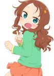 1girl :o blush brown_hair child commentary_request cowboy_shot dated flower from_side glaze_artifacts green_eyes green_shirt green_t-shirt hair_flower hair_ornament highres kobayashi-san_chi_no_maidragon long_hair long_sleeves looking_at_viewer looking_to_the_side open_mouth red_skirt saikawa_riko shirt skirt solo spring_green_t-shirt standing t-shirt tabayan_jigokuhen v white_background