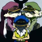 1boy 2girls alternate_costume anchor ascot bare_arms bare_shoulders beard belt belt_buckle black_belt black_eyes black_hair blue_hat buckle callie_(splatoon) cane cap&#039;n_cuttlefish cephalopod_eyes closed_mouth commentary_request cousins ear_piercing eyelashes facial_hair fang fang_out gloves green_ascot green_hat green_pants green_shirt grey_background hand_on_another&#039;s_shoulder hand_on_headwear hand_on_own_cheek hand_on_own_face hat holding holding_cane long_hair long_sleeves marie_(splatoon) military_hat military_uniform mole mole_under_eye multiple_girls old old_man one_eye_closed open_mouth own_hands_together pants patchwork_clothes piercing pink_hat pink_pants pink_scarf pink_shirt pointy_ears scarf shirt simple_background sleeves_past_wrists smile splatoon_(series) teeth tentacle_hair ukata uniform very_long_hair vest white_gloves white_hair yellow_eyes yellow_vest 