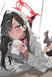  1girl absurdres black_choker black_hair black_socks black_wings blue_archive blush choker closed_mouth collared_shirt cup fingernails grey_eyes hair_ornament hairclip halo highres holding holding_cup ichika_(blue_archive) long_hair long_sleeves looking_at_viewer matcha_(matttttya1) red_halo shirt smile socks solo white_shirt wings 