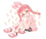  1girl animal_ear_hairband animal_ears animal_print bike_shorts braid carrot_background closed_mouth commentary fake_animal_ears food-themed_background full_body hairband highres inkling inkling_girl inkling_player_character long_hair looking_at_viewer pink_hairband pink_shirt print_shirt rabbit_ears rabbit_print red_eyes redhead remoneeed_22 sandals shirt short_eyebrows single_braid sitting smile socks solo splatoon_(series) splatoon_3 symbol-only_commentary tentacle_hair thick_eyebrows white_background white_socks 