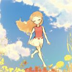  1girl barefoot blush bug butterfly candace_gertrude_flynn closed_eyes closed_mouth clouds cloudy_sky flower highres ladybug long_hair orange_hair phineas_and_ferb red_shirt shirt skirt sky sleeveless sleeveless_shirt smile solo toon_(style) user_fsfc2477 white_skirt 
