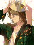  1boy brown_hair character_name chinese_commentary closed_mouth commentary_request dated flannel green_eyes green_shirt hair_between_eyes happy_birthday highres isoi_reiji iuew long_sleeves male_focus open_clothes open_shirt paper_crown plaid plaid_shirt saibou_shinkyoku sanpaku shirt short_hair smile solo upper_body white_shirt 