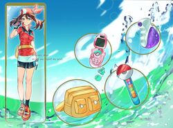  1girl ariekochan azurill bag bandana black_shorts blue_eyes breasts brown_hair holding holding_phone jacket long_hair looking_at_viewer may_(pokemon) medium_breasts phone pokemon pokemon_rse potion_(pokemon) red_bandana red_jacket shorts skirt solo white_skirt 