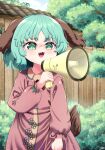  1girl :3 animal_ears brown_dress building commentary dog_ears dog_girl dog_tail dress english_commentary fang green_eyes green_hair highres kasodani_kyouko long_sleeves looking_at_viewer megaphone open_mouth outdoors rion_(user_ufvg8527) short_hair signature slit_pupils solo tail touhou tree 