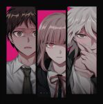  1girl 2boys black_border black_jacket blunt_bangs boleum_(dgrpluna) border brown_hair closed_mouth collarbone collared_shirt commentary danganronpa_(series) danganronpa_2:_goodbye_despair english_commentary evil_smile expressionless eyelashes finger_to_cheek frown furrowed_brow green_eyes green_jacket green_necktie green_sleeves hair_over_one_eye hand_on_own_chin highres hinata_hajime jacket komaeda_nagito long_hair long_sleeves looking_at_viewer messy_hair multiple_boys nanami_chiaki neck_ribbon necktie open_clothes open_jacket open_mouth pink_background pink_eyes pink_hair pink_lips red_ribbon ribbon scared shirt short_hair simple_background smile straight-on sweatdrop twitter_username upper_body white_hair white_shirt 