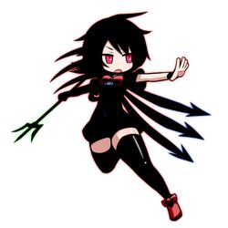  1girl arrow_(symbol) black_dress black_hair black_thighhighs commentary_request dress full_body hakika houjuu_nue looking_afar medium_bangs open_mouth polearm red_eyes red_footwear shoes short_dress short_hair simple_background slit_pupils solo thigh-highs touhou trident weapon white_background wings wristband zettai_ryouiki 