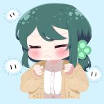  1girl blue_background blush brown_sweater chibi clenched_hands clover_hair_ornament facing_viewer frown green_hair hair_ornament highres indie_virtual_youtuber long_hair long_sleeves shirt simple_background sumi_suya sunao_na_kapipara sweater upper_body virtual_youtuber white_shirt 