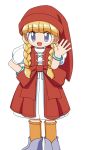  1girl :d blonde_hair blue_bracelet bow bracelet braid cocia_(kosianko) commentary_request dragon_quest dragon_quest_xi dress hair_over_shoulder hand_on_own_hip hat highres jewelry long_hair open_mouth orange_socks puffy_sleeves red_dress red_hat short_sleeves smile socks twin_braids veronica_(dq11) violet_eyes waist_bow waving white_background 