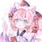  1girl animal_ear_hairband animal_ears apron bear_brooch bell bell_earrings blue_eyes blue_flower blue_kimono bow braid cat_ear_hairband cat_ears chinese_commentary commentary_request earrings fake_animal_ears flower flower_knot frilled_apron frilled_bow frilled_kimono frills hair_between_eyes hair_bow hair_flower hair_ornament hair_ribbon hairband hand_up highres holding holding_bow_(ornament) hui_yan japanese_clothes jewelry kimono light_blush long_hair long_sleeves looking_at_viewer loose_hair_strand low_twin_braids open_mouth original pink_bow pink_flower pink_hair pink_ribbon red_bow red_flower ribbon sample_watermark simple_background sleeves_past_wrists solo tassel tassel_hair_ornament twin_braids upper_body watermark white_apron white_background white_hairband wide_sleeves 