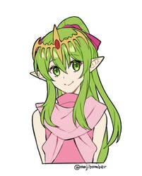  1girl closed_mouth cropped_torso dress english_commentary fire_emblem fire_emblem:_mystery_of_the_emblem green_eyes green_hair hair_between_eyes long_hair looking_at_viewer maji_(majibomber) pink_dress pink_scarf pointy_ears ponytail scarf sleeveless sleeveless_dress smile solo tiara tiki_(fire_emblem) tiki_(young)_(fire_emblem) twitter_username white_background 