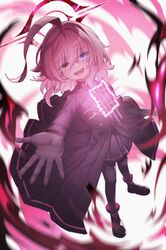  1girl absurdres ahoge blue_archive broken_halo coat dark_halo fang gun halo heterochromia highres holding holding_gun holding_weapon hoshino_(blue_archive) hoshino_terror_(blue_archive) huge_ahoge looking_at_viewer medium_hair outstretched_arms pink_hair pink_halo shotgun smile weapon wnsgur6686 