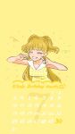  1girl blonde_hair blush calendar_(medium) closed_eyes dress fingers_to_cheeks gacho_p highres idolmaster idolmaster_cinderella_girls jougasaki_rika long_hair smile solo teeth two_side_up yellow_dress yellow_nails yellow_theme 