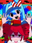  :d aqua_hair averting_eyes black_eyes blue_background blue_dress blue_hat border bow closed_mouth commentary corrupted_twitter_file crazy diagonal-striped_bow dress drill_hair empty_eyes front-to-back glitch gloom_(expression) hair_between_eyes hands_up hat hat_bow hatsune_miku head_tilt highres kasane_teto long_hair looking_at_viewer looking_to_the_side mesmerizer_(vocaloid) nervous nervous_smile open_mouth outside_border pinstripe_dress pinstripe_hat pinstripe_pattern raised_eyebrows red_border red_bow red_eyes red_hat redhead ringed_eyes shaded_face sharp_teeth sidelocks smile smiley_face smiley_hair_ornament sweatdrop teeth tongue tongue_out tridecagram twin_drills twintails utau very_long_hair visor_cap vocaloid wanda_hoir white_bow 