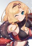  absurdres blonde_hair cleavage_cutout clothing_cutout granblue_fantasy hairband highres jacket looking_at_viewer omoch_mcmc one_eye_closed oversized_jacket red_jacket twitter_username two-sided_fabric two-sided_jacket two-tone_gloves two-tone_hairband zeta_(granblue_fantasy) zeta_(grand)_(granblue_fantasy) 