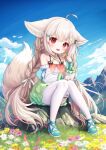  1girl absurdres ahoge animal_ear_fluff animal_ears blue_footwear blush braid clouds commission comodomodo detached_sleeves flower fox_ears fox_girl fox_tail green_skirt highres long_braid long_hair mountain open_mouth original outdoors pixiv_commission red_eyes ribbon sakurada_shiro_(hy_plus) shirt shoes sitting skirt sky smile solo tail thigh-highs thighs twin_braids twintails very_long_hair white_hair white_shirt white_sleeves white_thighhighs 