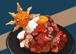  bacon food food_focus fried_egg meat mi_ho_chi no_humans pepper_(spice) plate pokemon pokemon_(creature) red_eyes solo solrock 