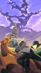  1boy absurdres charizard clenched_hand clouds commentary_request electricity friede_(pokemon) from_behind grass highres le4ng_liing male_focus outdoors pants pokemon pokemon_(anime) pokemon_(creature) pokemon_horizons shirt shoes sky tree twilight white_hair 