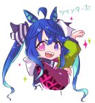  1girl ahoge animal_ears aqua_hair arm_up blue_hair bow character_name cropped_torso crossed_bangs hair_bow hands_up heterochromia hood hoodie horse_ears horse_girl long_hair long_sleeves looking_at_viewer multicolored_clothes multicolored_hair multicolored_hoodie open_mouth opepe00 paw_pose pink_eyes protected_link sharp_teeth sidelocks simple_background solo sparkle striped_bow teeth twin_turbo_(umamusume) twintails two-tone_hair umamusume upper_body upper_teeth_only violet_eyes white_background 