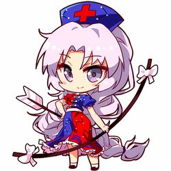  1girl arrow blue_dress bow bow_(weapon) dress long_hair red_dress touhou weapon white_hair yagokoro_eirin 