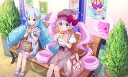  2girls :t animal_ear_fluff animal_ears artist_request bag blue_eyes blue_hair blunt_bangs bow brown_dress brown_hat cabbie_hat cat_ears cat_girl cat_tail collarbone delmin_(show_by_rock!!) demon_tail dress drill_hair ears_through_headwear eating feet_out_of_frame food frilled_dress frilled_sleeves frills from_above hair_bow hand_on_own_cheek hand_on_own_face hash_browns hat hat_bow holding holding_food horns lens_flare long_hair looking_at_another multiple_girls off-shoulder_shirt off_shoulder official_art on_bench outdoors paper_bag pinafore_dress plant poster_(object) potted_plant purple_bow purple_dress purple_horns red_eyes rosia_(show_by_rock!!) shirt shopping_bag short_sleeves show_by_rock!! sitting sleeveless sleeveless_dress smile sparkle tail third-party_source twin_drills twintails white_shirt 