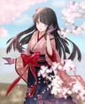  1girl black_hair bow cherry_blossoms dress hair_ornament hakama highres japanese_clothes long_hair looking_at_viewer personification pink_dress pink_eyes red_bow red_ribbon ribbon suishinshi_masahide_(tenka_hyakken) tenka_hyakken 