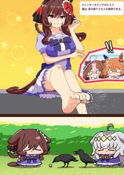  4girls :&lt; =_= ahoge animal_ears barefoot bird breasts brown_hair chibi commentary_request crow gentildonna_(umamusume) grey_hair hair_ornament headband highres horse_ears looking_at_viewer matikanefukukitaru_(umamusume) meisho_doto_(umamusume) multiple_girls oguri_cap_(umamusume) omisomisoshiru red_eyes school_uniform simple_background sitting standing tracen_school_uniform translation_request umamusume 