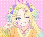  1girl ;d animal_ear_headphones animal_ears blonde_hair blue_eyes blue_hair bow butterfly_hair_ornament cat_ear_headphones check_commentary commentary_request ene_ybsk fake_animal_ears gradient_hair grin hair_bow hair_ornament hairclip headphones heart heart_hair_ornament highres identity_(love_live!) japanese_clothes kimono light_blue_hair link!_like!_love_live! long_hair long_sleeves looking_at_viewer love_live! multicolored_hair official_style one_eye_closed orange_kimono osawa_rurino parted_bangs pink_background pink_headphones polka_dot polka_dot_background portrait purple_bow smile solo star_(symbol) star_hair_ornament too_many_hairclips twintails v_over_eye virtual_youtuber wide_sleeves 
