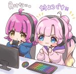  2girls :3 :o ahoge anyoji_hime black_headphones black_ribbon black_thighhighs blonde_hair blue_eyes blue_jacket blunt_bangs blunt_ends blush brown_eyes chibi chibi_only clenched_hands commentary controller desk game_controller gradient_hair hair_intakes hair_ribbon hands_up hasu_no_sora_school_uniform highres holding holding_controller holding_game_controller hood hooded_jacket in-franchise_crossover jacket keyboard_(computer) knees_up link!_like!_love_live! long_hair long_sleeves looking_at_another love_live! love_live!_nijigasaki_high_school_idol_club medium_hair monitor mouse_(computer) multi-tied_hair multicolored_hair multiple_girls neckerchief nijigasaki_academy_school_uniform notice_lines on_chair open_clothes open_jacket parted_lips pink_hair pink_jacket ponytail rgb_lights ribbon ritaso sailor_collar school_uniform sidelocks sitting swept_bangs tennoji_rina thick_eyebrows thigh-highs trait_connection translation_request v-shaped_eyebrows very_long_hair virtual_youtuber white_background white_sailor_collar winter_uniform yellow_neckerchief 