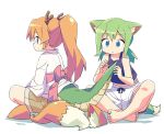 2girls :o animal_ears barefoot blonde_hair blue_eyes cat_ears cat_girl cat_tail dragon_girl dragon_horns dragon_tail fake_animal_ears fake_animal_ears_removed fake_tail feet green_hair highres horns japanese_clothes low_twintails multiple_girls original roku_no_hito sash shorts simple_background sitting smile tail tank_top toes twintails violet_eyes white_background white_shorts