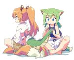  2girls :o animal_ears barefoot blonde_hair blue_eyes cat_ears cat_tail dragon_girl dragon_horns dragon_tail fake_animal_ears fake_animal_ears_removed fake_tail feet green_hair highres horns japanese_clothes low_twintails multiple_girls original roku_no_hito sash shorts simple_background sitting smile tail tank_top toes twintails violet_eyes white_background white_shorts 