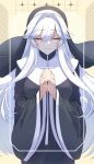  1girl black_robe border closed_eyes commentary cross cross_earrings earrings english_commentary habit hair_intakes jewelry long_hair nun original own_hands_clasped own_hands_together praying robe saint_udon smile solo udon-udon very_long_hair white_hair wide_sleeves 