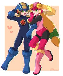  0xced3 1boy 1girl black_bodysuit blonde_hair blue_bodysuit blue_helmet blush bodysuit border couple full_body green_eyes heart helmet highres leotard locked_arms long_hair looking_at_another medium_hair mega_man_(series) mega_man_battle_network_(series) megaman.exe pink_helmet pink_leotard roll.exe_(mega_man) simple_background spiky_hair white_border 