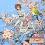  2boys bad_id bad_pixiv_id bird blue_sky branch brown_hair cherry_blossoms ensemble_stars! flower full_body green_eyes highres jacket long_sleeves looking_at_another male_focus meremero mikejima_madara multiple_boys oukawa_kohaku outdoors pants pink_flower pink_hair shoes short_hair sitting sitting_on_branch sky smile standing translation_request violet_eyes white_footwear white_jacket white_pants 