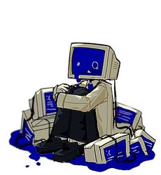  1boy black_footwear black_pants blue_screen_of_death bomal1215 cable collared_shirt crt full_body hands_up knees_up long_sleeves male_focus melting monitor object_head original pants shirt simple_background sitting solo triangle_mouth white_background 