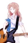  1girl bang_dream! bang_dream!_it&#039;s_mygo!!!!! bass_guitar blue_dress blue_eyes brown_hair closed_mouth commentary dress earrings english_commentary expressionless highres instrument jewelry long_hair mostlanr nagasaki_soyo playing_guitar simple_background solo upper_body white_background white_dress 
