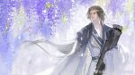  1boy blue_cape brown_hair cangcang_shi_yi_zhi_jian_lian_cang_hu cape chinese_clothes closed_mouth code:_kite cow earrings falling_petals flower guqin hanfu highres holding holding_instrument instrument jewelry lips long_hair long_sleeves looking_to_the_side low-tied_sidelocks low_ponytail male_focus parted_bangs parted_lips petals purple_flower robe sash sleeves_past_fingers sleeves_past_wrists solo standing tassel violet_eyes white_robe wide_sleeves wisteria zhou_yu_(code:_kite) 