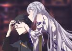  1boy 1girl bare_shoulders black_hair blurry blurry_background breasts closed_eyes clothing_cutout comforting covered_eyes covering_another&#039;s_eyes dress emilia_(re:zero) from_side hair_ornament highres indoors isoooo jacket leaning_on_object long_hair long_sleeves medium_breasts natsuki_subaru on_chair open_mouth re:zero_kara_hajimeru_isekai_seikatsu short_hair shoulder_cutout sitting track_jacket upper_body white_hair wide_sleeves x_hair_ornament 