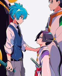  ansatsu_kyoushitsu black_hair blue_eyes blue_hair creator_connection green_eyes hakama hakama_pants hat holding holding_knife houjou_tokiyuki_(nige_jouzu_no_wakagimi) japanese_clothes katana knife koro-sensei kunugigaoka_middle_school_uniform long_hair long_sleeves multiple_boys necktie nige_jouzu_no_wakagimi pants ponytail sanamaru_(sana79261827) school_uniform shiota_nagisa shirt short_hair smile suwa_yorishige sword tentacles very_long_hair violet_eyes weapon white_background wide_sleeves 