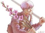  1boy brown_bag brown_eyes closed_mouth fingernails flower flower_request highres holding holding_flower holding_polearm holding_weapon kojiroshishido looking_at_viewer male_focus original pink_hair polearm signature simple_background smile solo upper_body weapon white_background 